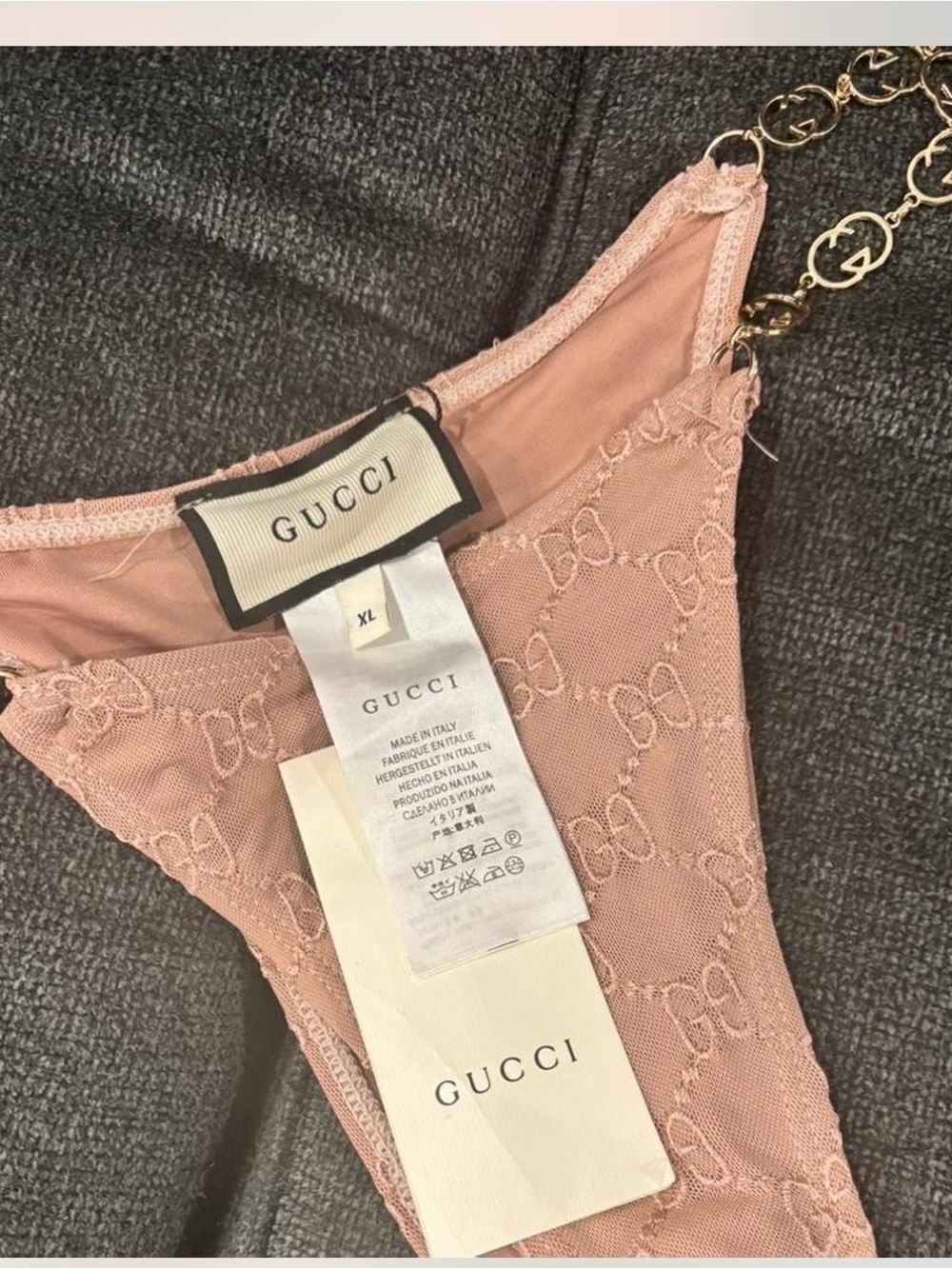 GUCCI Dusty Pink Lace Bikini Bottom with Gold Chain Logo Strap